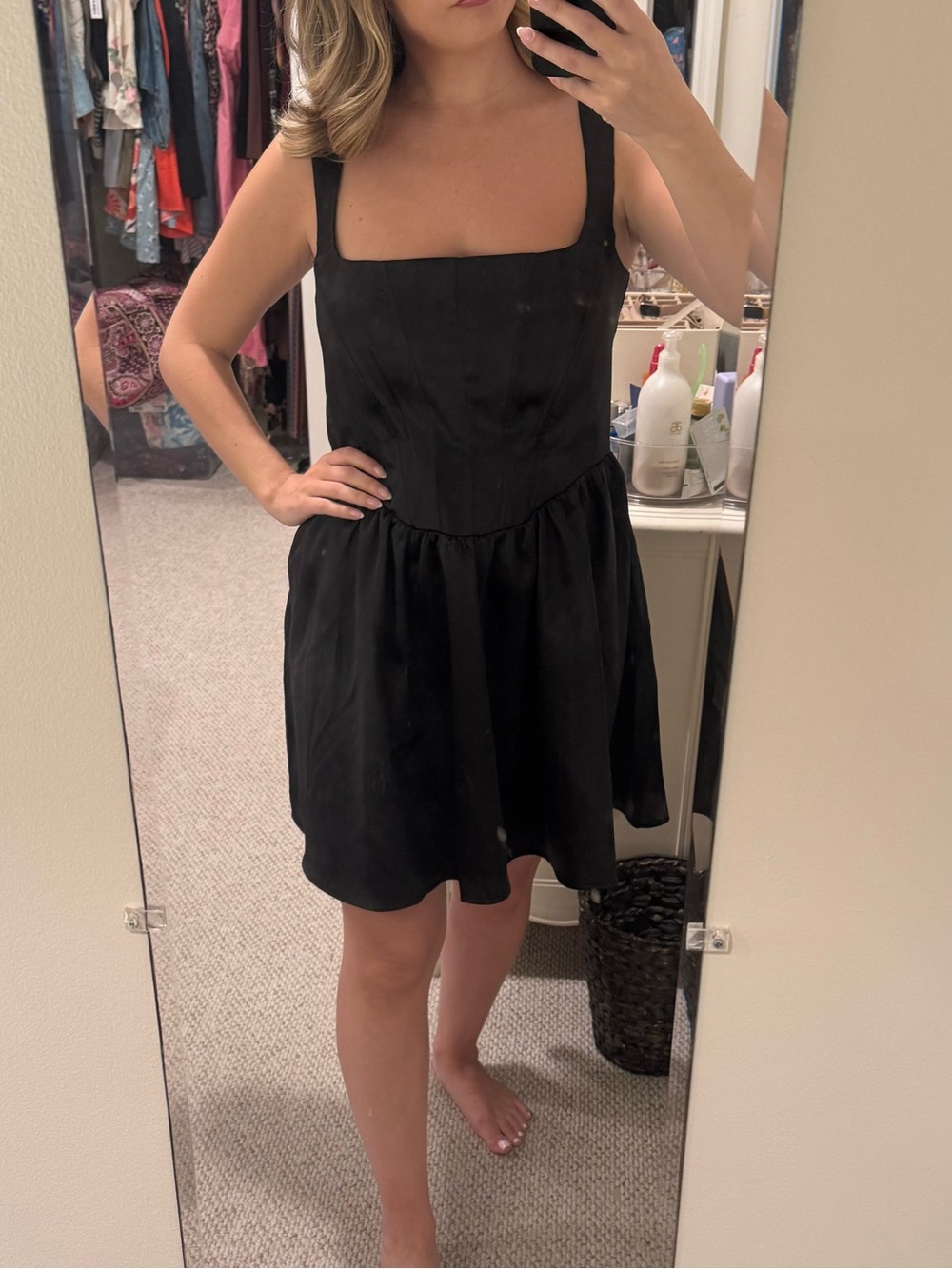 wild fable Black Satin Square-Neck Mini Dress